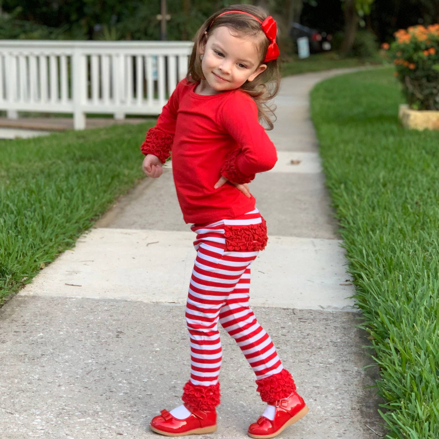 Red and White Striped Ruffle Butt Leggings